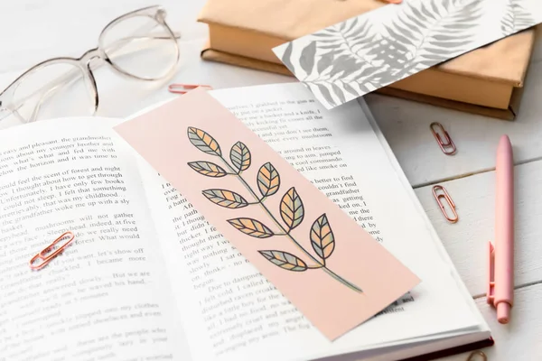 Books Bookmarks Glasses Stationery Light Wooden Background — Stockfoto