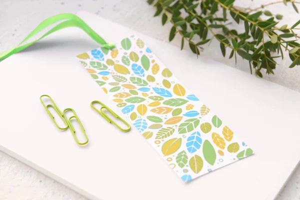 Notebook Bookmark Branch Light Background Closeup — Stock Photo, Image