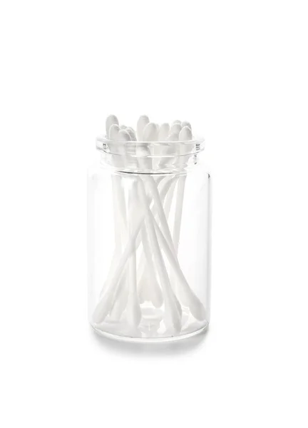 Jar Cotton Swabs White Background — Stock Photo, Image