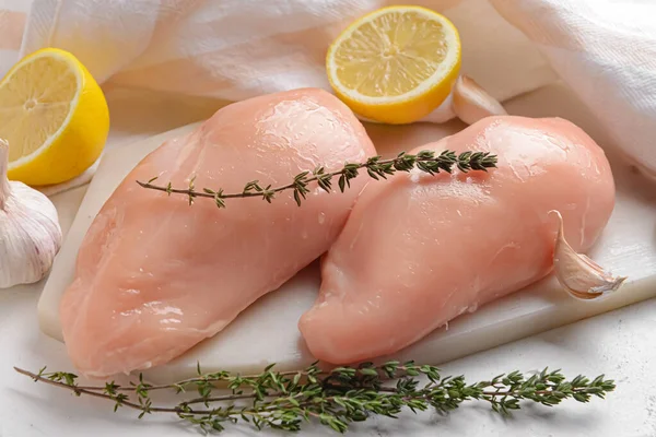 Board Raw Chicken Fillet Light Background Closeup Stock Image