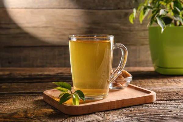 Tray Cup Green Tea Wooden Background — Stock Photo, Image