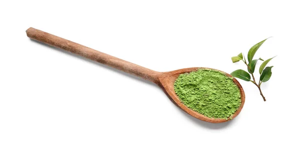 Löffel Mit Pudrigem Matcha Tee Und Frischen Blättern Auf Weißem — Stockfoto