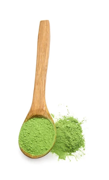 Löffel Mit Pudrigem Matcha Tee Auf Weißem Hintergrund — Stockfoto