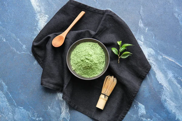 Bowl Powdered Matcha Tea Chasen Spoon Color Background — Stock Photo, Image