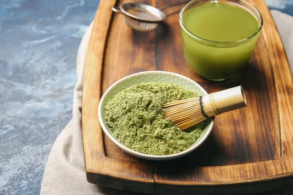 Tray Cup Matcha Tea Powder Chasen Color Background — Stock Photo, Image