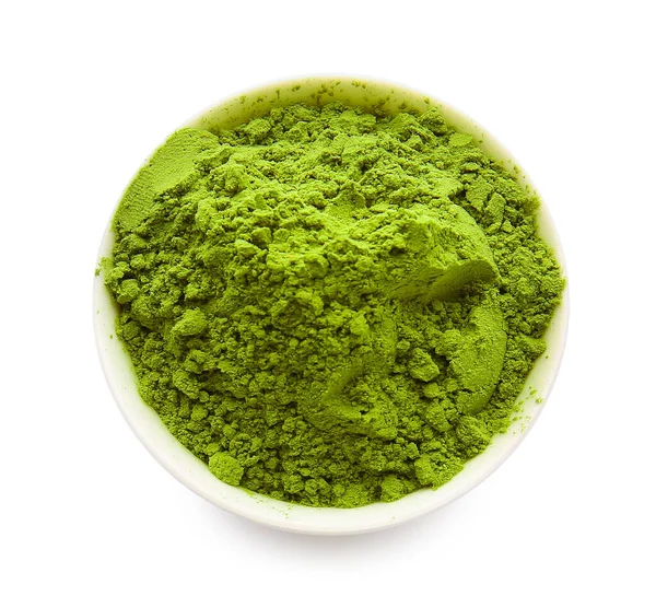 Schüssel Mit Gepudertem Matcha Tee Auf Weißem Hintergrund — Stockfoto