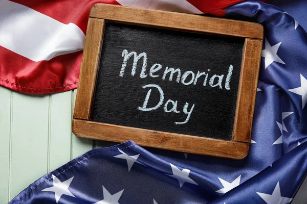 Chalkboard Text Memorial Day Usa Flag Color Wooden Background — Stock Photo, Image