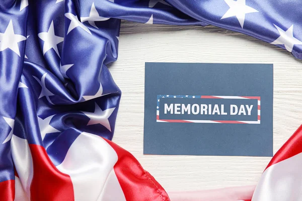 Paper Sheet Text Memorial Day Usa Flag White Wooden Background — Stock Photo, Image