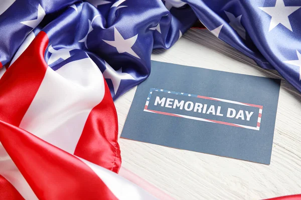 Paper Sheet Text Memorial Day Usa Flag White Wooden Background — Stock Photo, Image