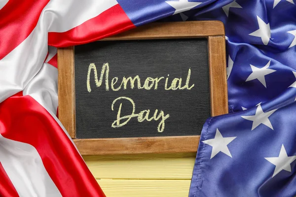 Chalkboard Text Memorial Day Usa Flag Color Wooden Background — Stock Photo, Image