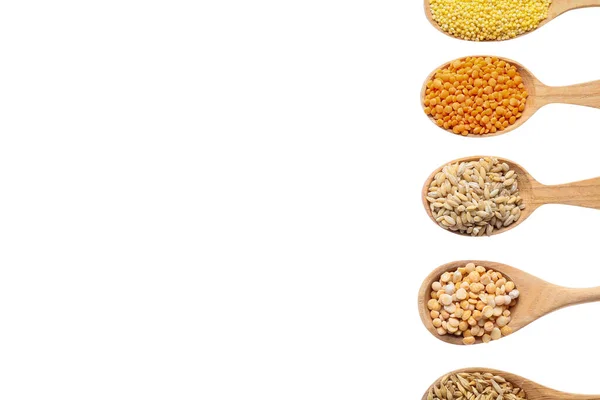 Cucharas Con Diferentes Cereales Legumbres Sobre Fondo Blanco — Foto de Stock