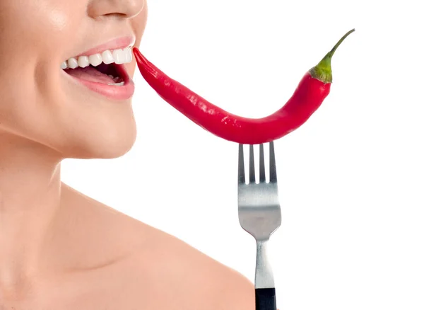 Beautiful Young Woman Chili Pepper White Background — Stock Photo, Image