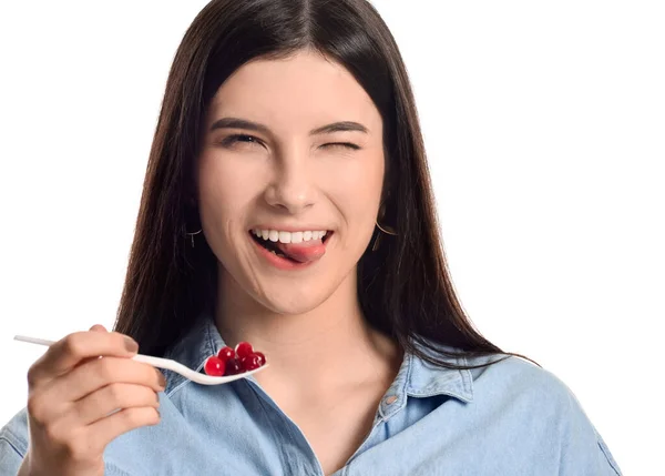 Beautiful Young Woman Cranberry White Background — Stock Photo, Image