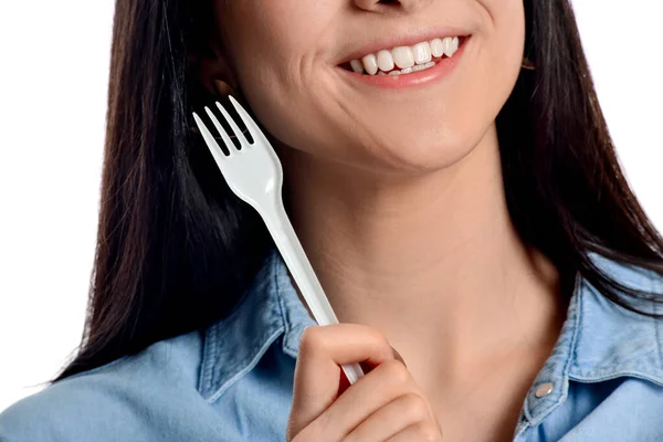 Beautiful Young Woman Plastic Fork White Background — Stock Photo, Image