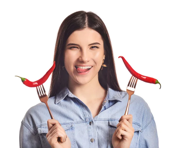 Funny Young Woman Chili Peppers White Background — Stock Photo, Image