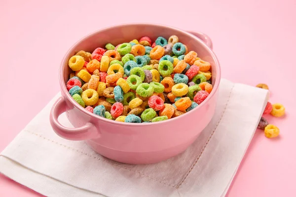 Bowl Crispy Cereal Rings Color Background — Stock Photo, Image