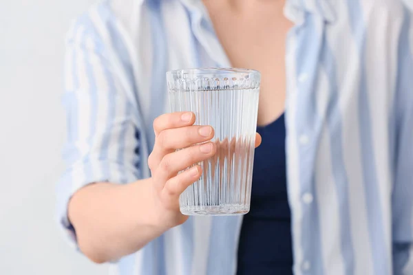 Woman Holding Glass Water Light Background — Stock Photo, Image