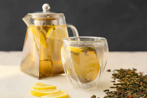 Teapot Cup Hot Green Tea Table — Stock Photo, Image