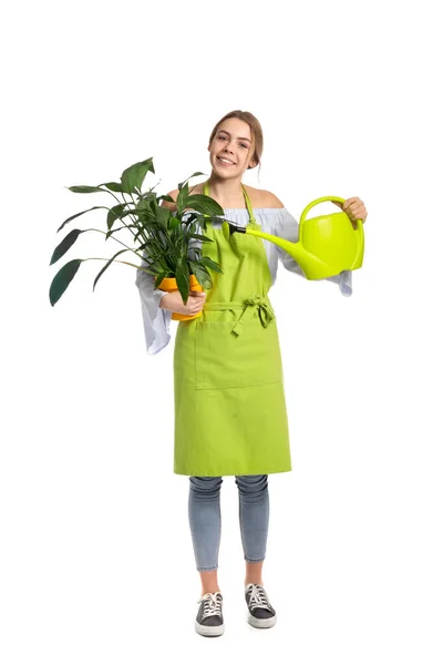 Young Female Gardener White Background — Stock Photo, Image