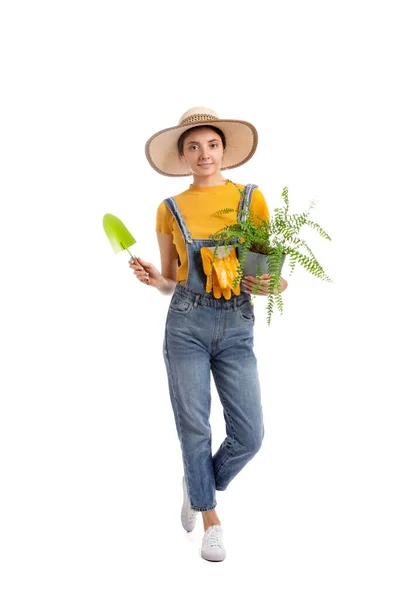 Joven Jardinero Femenino Sobre Fondo Blanco —  Fotos de Stock