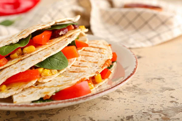 Plate Tasty Vegetarian Quesadillas Light Background Closeup — Stock Photo, Image