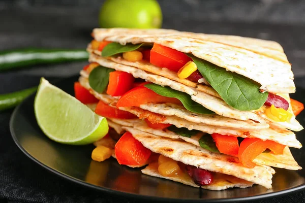 Plate Tasty Vegetarian Quesadillas Dark Background Closeup — Stock Photo, Image