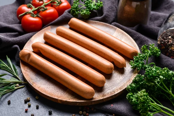 Plate Tasty Sausages Tomatoes Herbs Dark Background Closeup — Stock Photo, Image