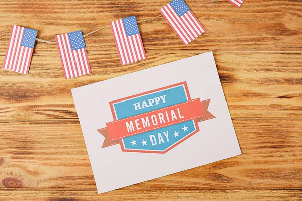 Greeting Card Memorial Day Celebration Usa Flags Wooden Background — Stock Photo, Image