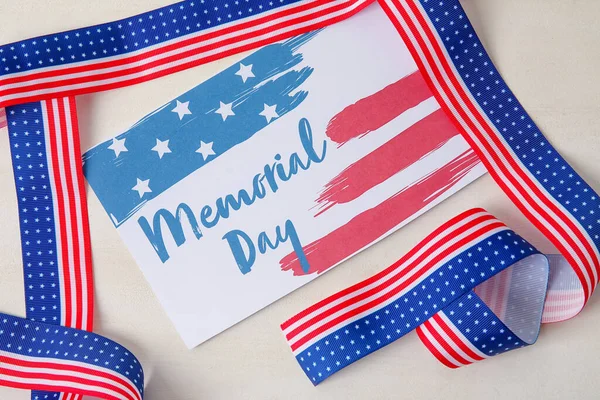 Greeting Card Memorial Day Ribbon Colors Usa Flag White Wooden — Stock Photo, Image