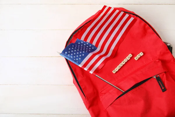 Text Memorial Day Usa Flag Backpack White Wooden Background — Stock Photo, Image