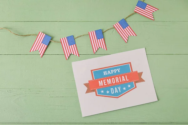 Greeting Card Memorial Day Celebration Usa Flags Color Wooden Background — Stock Photo, Image