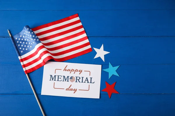 Karta Okolicznościowa Obchody Dnia Pamięci Flagą Usa Drewnianym Tle — Zdjęcie stockowe