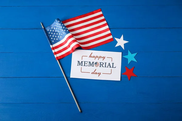 Greeting Card Memorial Day Celebration Usa Flag Color Wooden Background — Stock Photo, Image