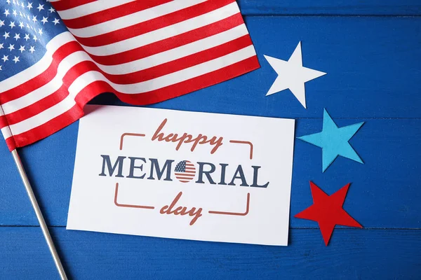 Greeting Card Memorial Day Celebration Usa Flag Color Wooden Background — Stock Photo, Image