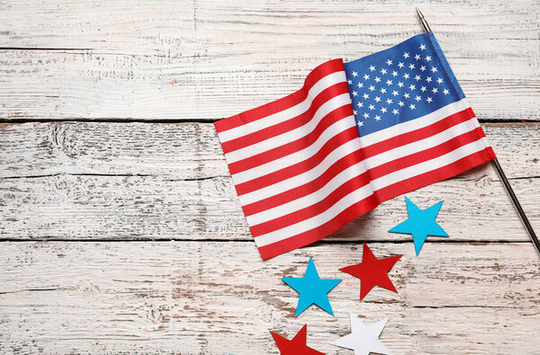 USA flag on white wooden background
