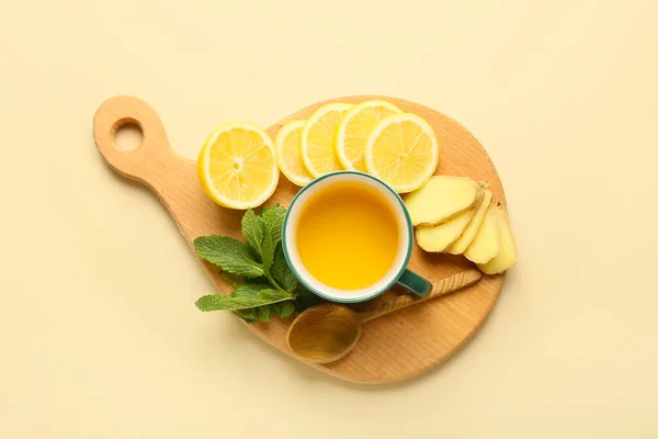 Cup Tea Ginger Mint Lemon Color Background — Stock Photo, Image