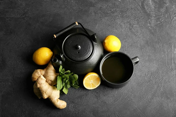 Teapot Cup Tea Ginger Mint Lemon Dark Background — Stock Photo, Image