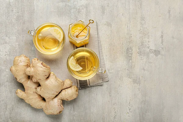 Cups Tea Ginger Honey Grunge Background — Stock Photo, Image