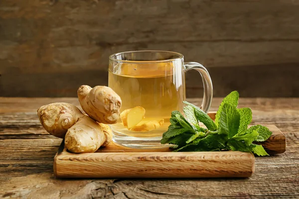 Cup Tea Ginger Mint Wooden Background — Stock Photo, Image