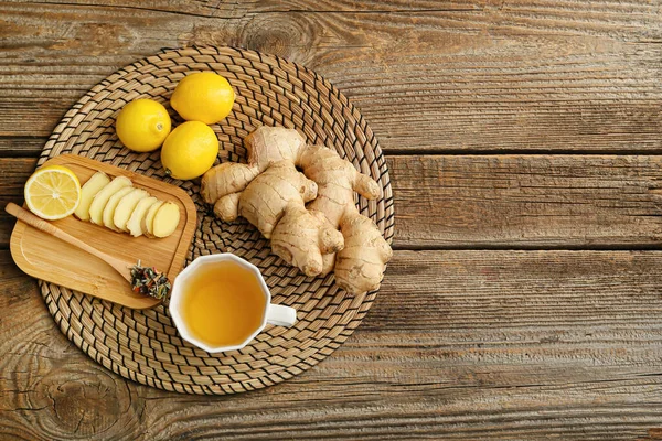 Cup Tea Ginger Lemon Wooden Background — Stock Photo, Image