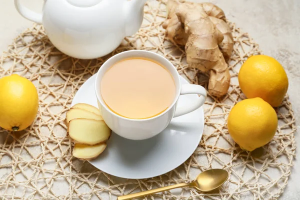 Teapot Cup Tea Ginger Lemon Light Background — Stock Photo, Image