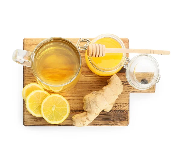 Cup Tea Ginger Honey Lemon White Background — Stock Photo, Image