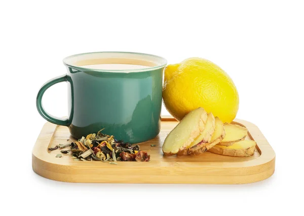 Tasse Thé Gingembre Citron Sur Fond Blanc — Photo