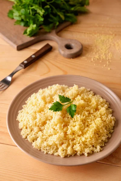 Plate Tasty Couscous Wooden Background — Stock Photo, Image