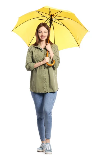 Snygg Ung Kvinna Med Paraply Vit Bakgrund — Stockfoto