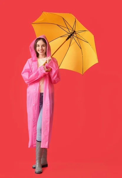 Stylish Young Woman Raincoat Umbrella Color Background — Stock Photo, Image