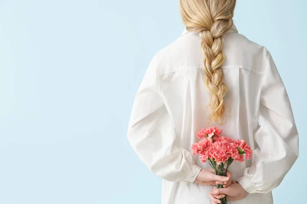 Young Woman Beautiful Carnation Flowers Color Background Back View — Stock Photo, Image