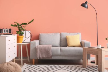 Çekmeceleri ve kanepesi olan modern bir oda.