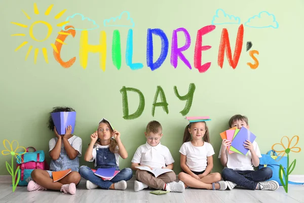 Little Children Copybooks Sitting Floor Color Wall International Children Day — Stock Photo, Image