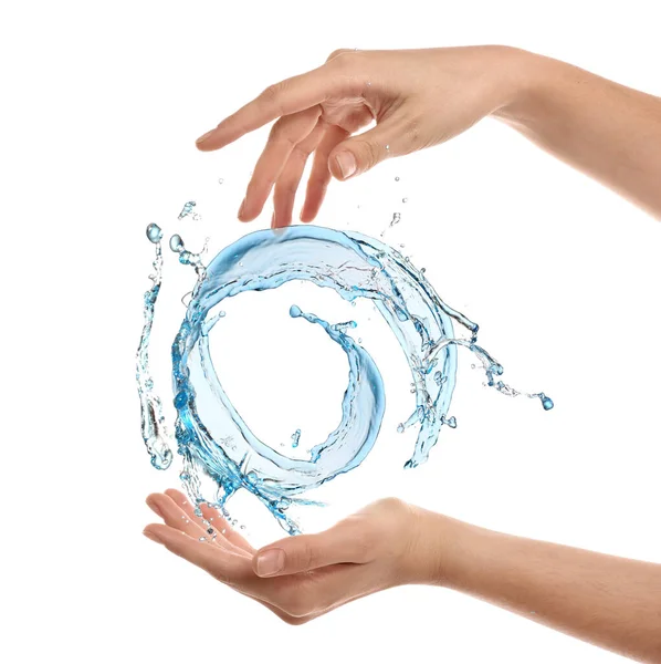 Vrouwelijke Handen Met Water Spatten Witte Achtergrond — Stockfoto